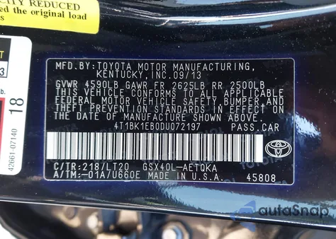 2013 Toyota Avalon Xle Touring z USA, uszkodzony, nr VIN 4T1BK1EB0DU072197